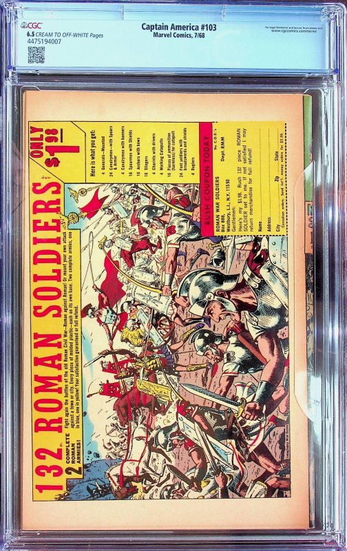 Captain America #103 (1968) - CGC 6.5 - Cert#4475194007