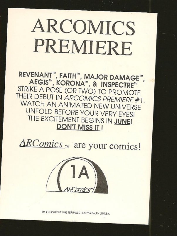 Arcomics Premiere #1A 1993 Promo Card