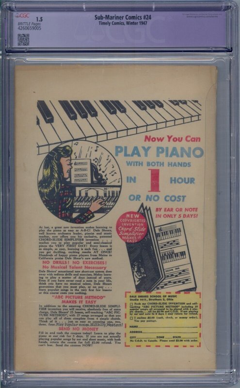 SUB-MARINER COMICS #24 CGC 1.5 3RD NAMORA TIMELY COMICS