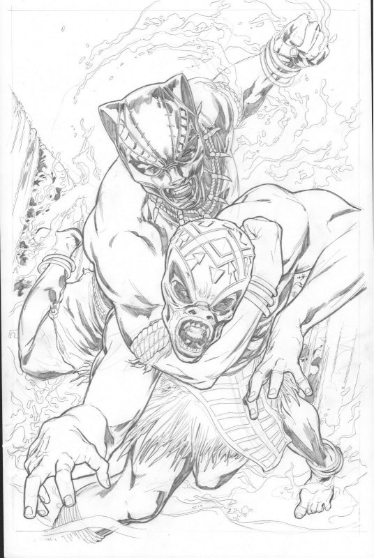 Black Panther vs M'Baku Original Pencil Art Steve Kurth MARVEL MOVIE 11x17