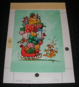 MERRY CHRISTMAS Cartoon Reindeer & Sleigh Gag 7x10 Greeting Card Art #5710