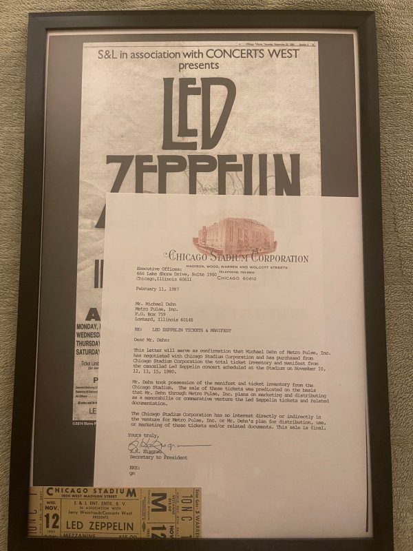 1980 Led Zeppelin at Chicago Stadium 11x17 framed Concert Poster and ticket.