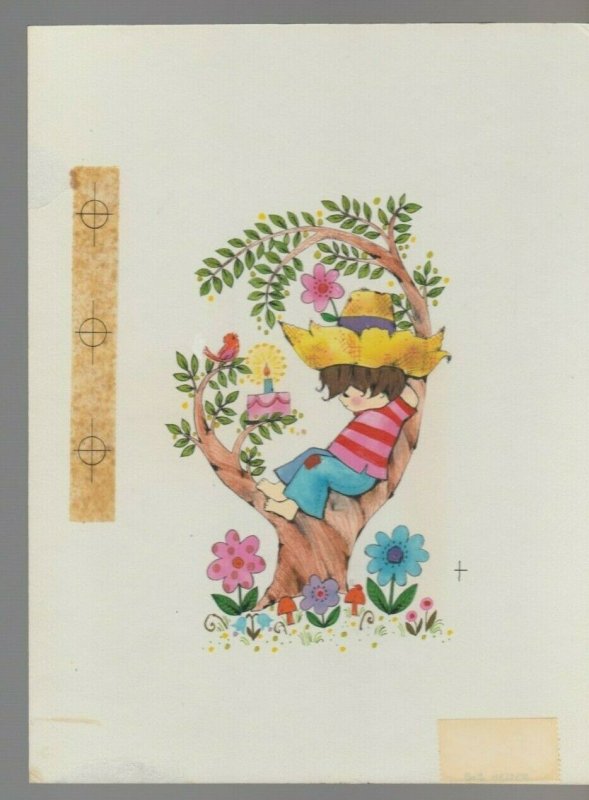 BOY IN TREE w/ Bird & Happy Birthday Cake 6.75x8.75 #8133 Greeting Card Art