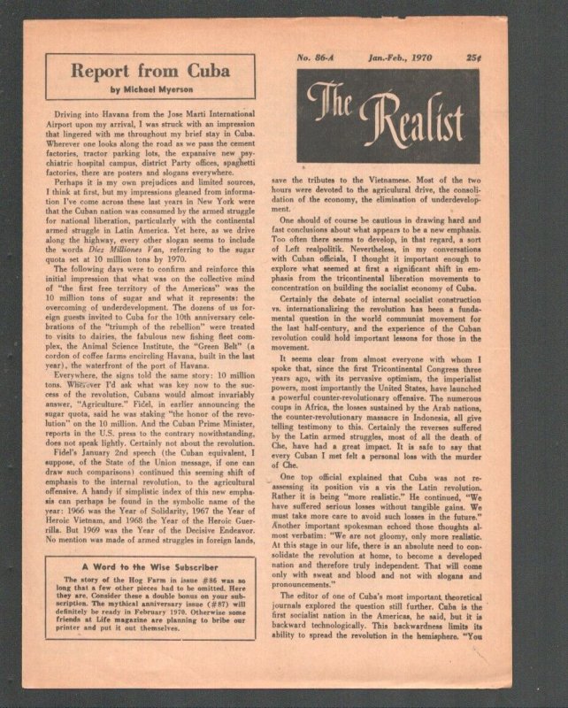 Realist #86-A 5/1970-Paul Krassner Counter culture mag-Underground comix type-FN