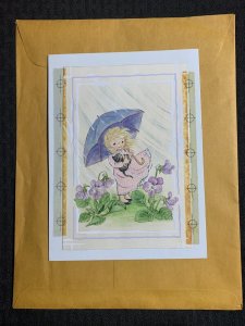 JUST STOPPING BY Cute Girl in Rain w/ Kitten 6x8.5 Greeting Card Art C9318