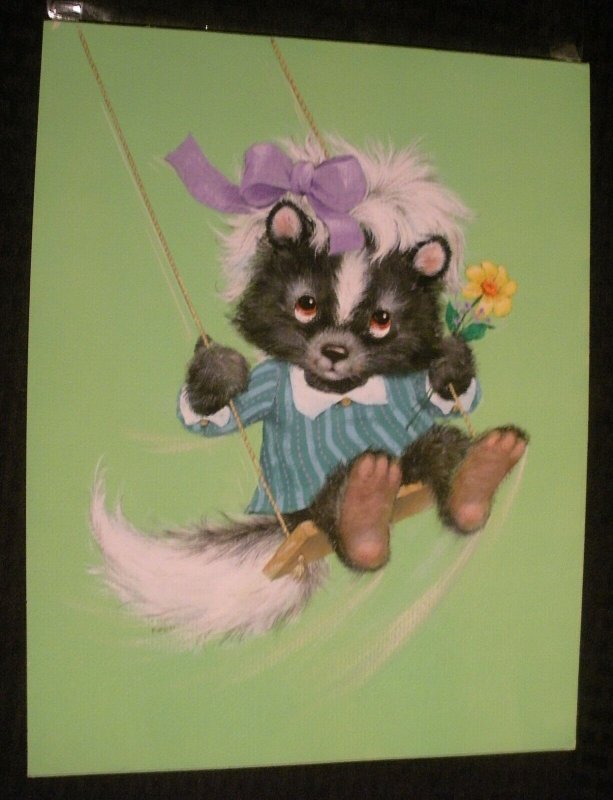 CUTE PAINTED Skunk Swinging 10.5x13.5 Greeting Card Art #B4071 w/ 2 Color Seps