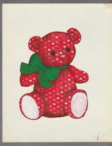 CHRISTMAS Painted Fabric Teddy Bear w/ Green Ribbon 8x10 Greeting Card Art #nn