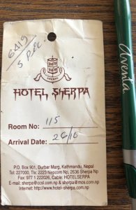 Kathmandu, Nepal-Hotel Sherpa room card/tag
