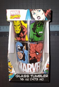 MARVEL HEROES TUMBLER | 16OZ PINT GLASS | RETRO FOUR HEROES | NEW IN BOX