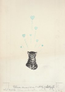 Vintage VALENTINE Kitten & Blue Hearts 8x12 #3432 Greeting Card Original Art