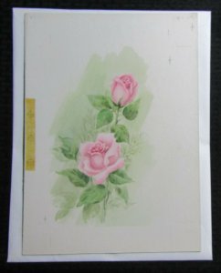 WITH DEEPEST SYMPATHY Two Painted Pink Roses 10x14 Greeting Card Art #S1285