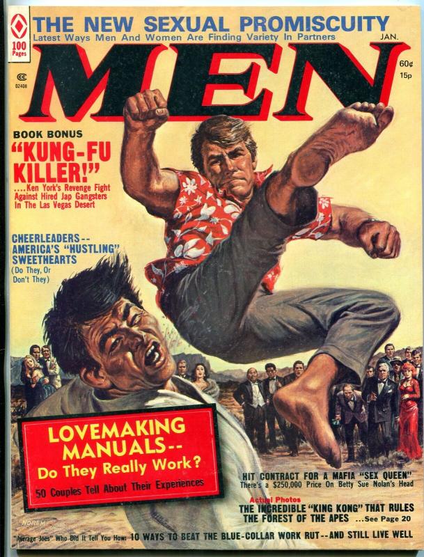 Men Magazine January 1974-Earl Norem kung-fu cover-KING KONG-CHEERLEADERS