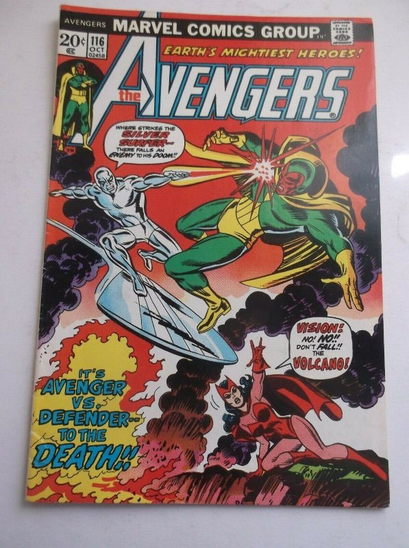 MARVEL: AVENGERS #116, AVENGERS/DEFENDERS WAR III, SURFER VS VISION, 1973, FN/VF