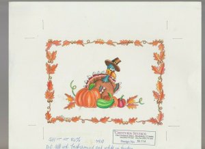 TURKEY & PUMPKINS CARTOON 11x8.5 #7910 Thanksgiving Greeting Card Art