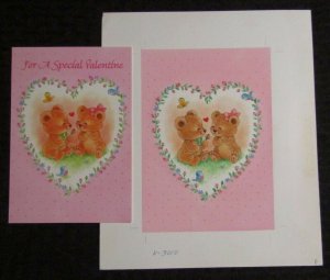 SPECIAL VALENTINE Teddy Bears w/ Hearts & Birds 8x9.5 Greeting Card Art #V3010
