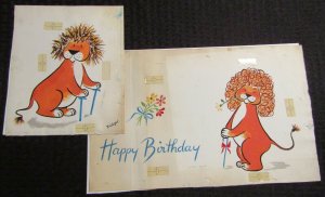 HAPPY BIRTHDAY Cartoon Lion w/ Cane 2pcs 14x9 Greeting Card Art #B1174