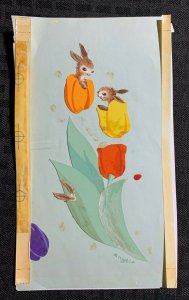 HAPPY EASTER Cute Bunnies in Colorful Tulips 5x8 Greeting Card Art #nn