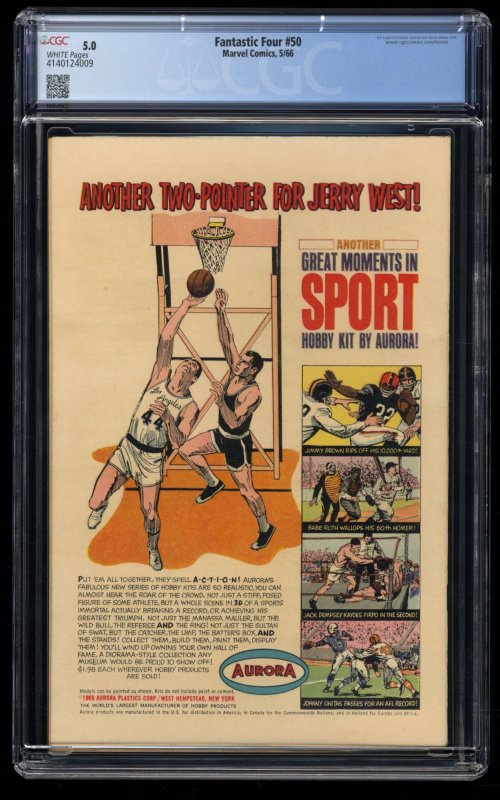 Fantastic Four #50 CGC VG/FN 5.0 White Pages 3rd Appearance Silver Surfer!