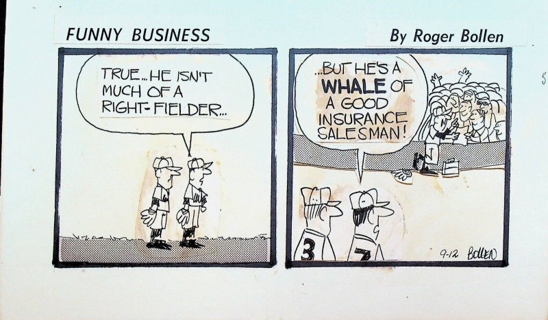 Funny Business Original Comic Strip Art Rog Bollen Baseball Insurance Salesman