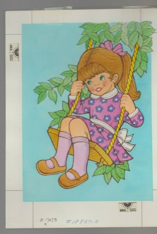 YOUNG GIRL w/ IPink Bow Swinging 6.5x9 #7073 Greeting Card Original Art