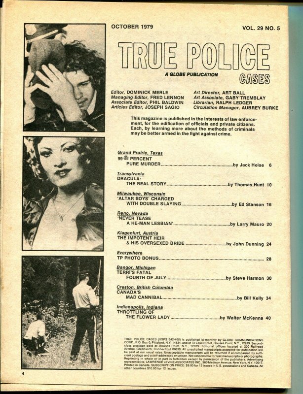 True Police Cases 10/1979-Globe-Dracula-Mad Cannibal-Oversexed Wife-VG