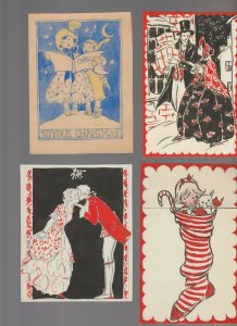 CHRISTMAS LOT of 4 Red Blue & Black Couples Girl 3.5x5.25 Greeting Card Art #nn