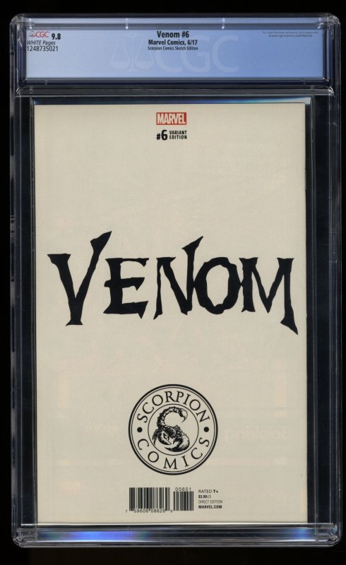 Venom (2017) #6 CGC NM/M 9.8 White Pages Scorpion Comics Sketch Edition Variant