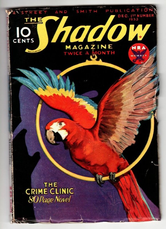 SHADOW 1933 December 1 parrot cover-STREET AND SMITH-RARE PULP vg