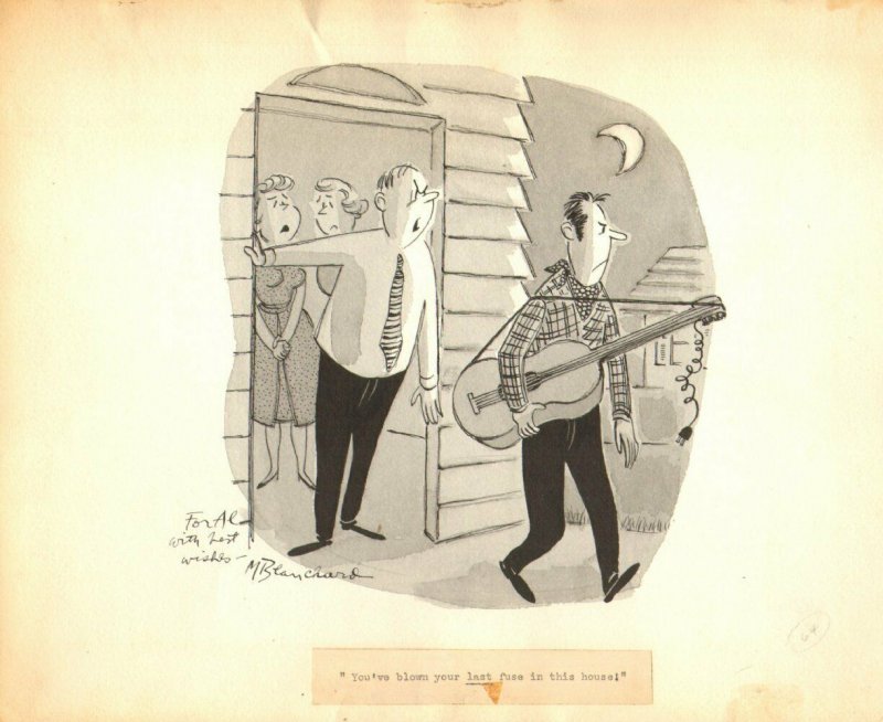 Guitar Player Gag - Full Tone B/W 1960's art by Martha Blanchard