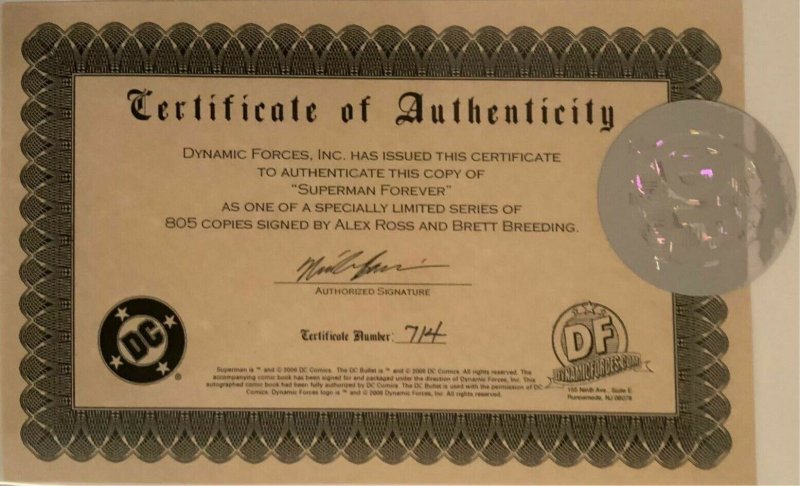 SUPERMAN FOREVER #1 LENTICULAR COVER SIGNED ALEX ROSS & BRET BREEDING W/COA.