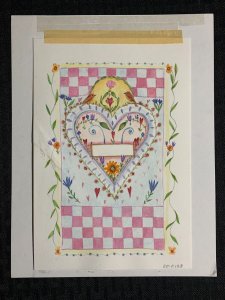 A WISH FOR YOU Birds Heart Flowers Checkerboard 7.5x10 Greeting Card Art #0128