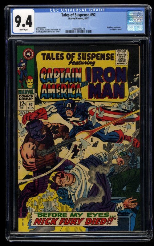 Tales Of Suspense #92 CGC NM 9.4 White Pages Nick Fury Avengers Appearance!