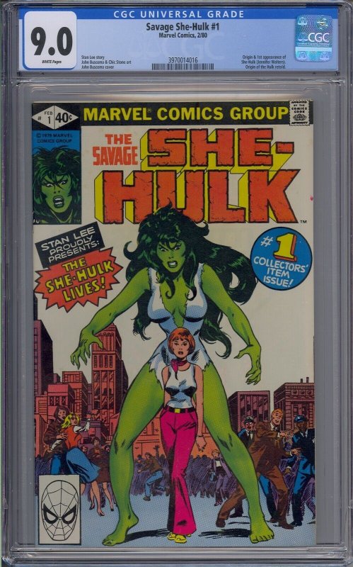 SAVAGE SHE-HULK #1 CGC 9.0 1ST JENNIFER WALTERS WHITE PAGES 4016 