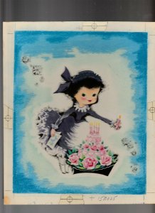 HAPPY BIRTHDAY Cute Girl w Elaborate Flower Cake 8.5x10 Greeting Card Art #B1125