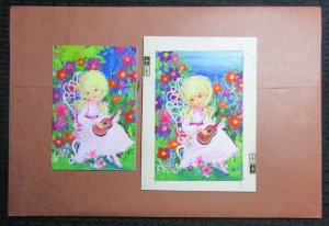 BIRTHDAY Cute Girl w/ Guitar & Flowers 6.5x9 Greeting Card Art #nn with Rough