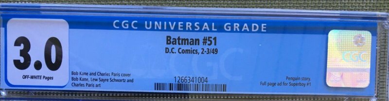 Batman #51 (1949) CGC 3.0 -- Penguin app & Full Page Ad for Superboy 1 Bob Kane