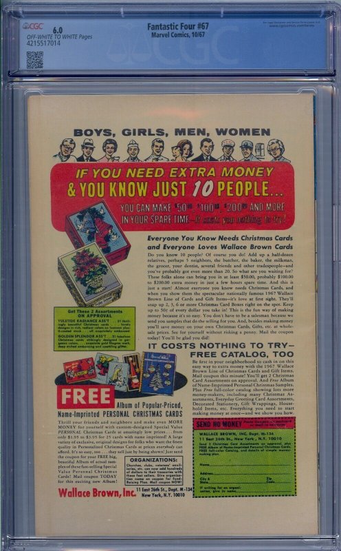 FANTASTIC FOUR #67 CGC 6.0 1ST HIM WARLOCK JACK KIRBY