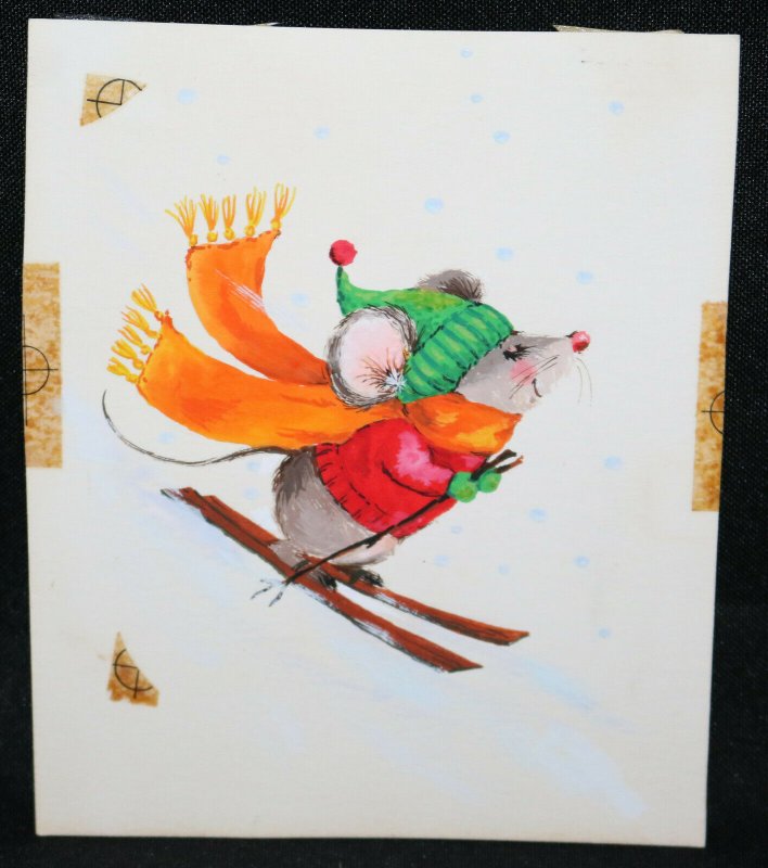 Skiing Mouse 1982 - Original Christmas Greeting Card Painted Art