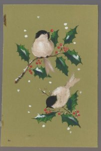 CHRISTMAS Black & White Chickadees on Holly Branch 5x7.5 Greeting Card Art #FF2