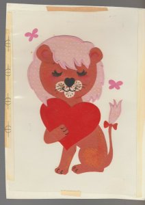 BE MY VALENTINE Cut-Fabric Lion with Heart 7x9 Greeting Card Art #V3986