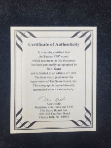 Batman #497 - Signed Bob Kane w/ COA LTD 1993 (CGC Qual 9.2) 1993
