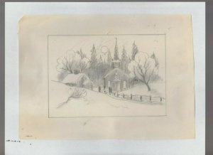 CHRISTMAS Snowy Church with Moon Pencil Drawing 9.5x7 Greeting Card Art #nn