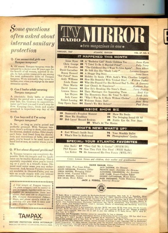 TV Radio Mirror-Lennon Sisters-Chris George-Linda Evans-Feb-1967