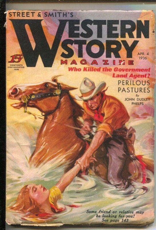 Western Story 4/4/1936-Water rescue cover-Perilous Pastures by John Dudley ...