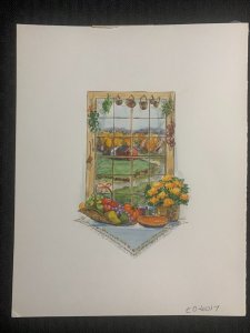 THANKSGIVING Window Scene w/ Fruit & Flowers 7.5x9.5 Greeting Card Art #6017