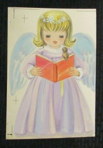 CHRISTMAS Paper Doll Angel w/ Wings Book & Bird 7.5x11 Greeting Card Art #nn