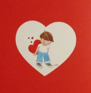 VALENTINES Cute Shy Boy with Heart Behind Back 6x9 Greeting Card Art #V3404