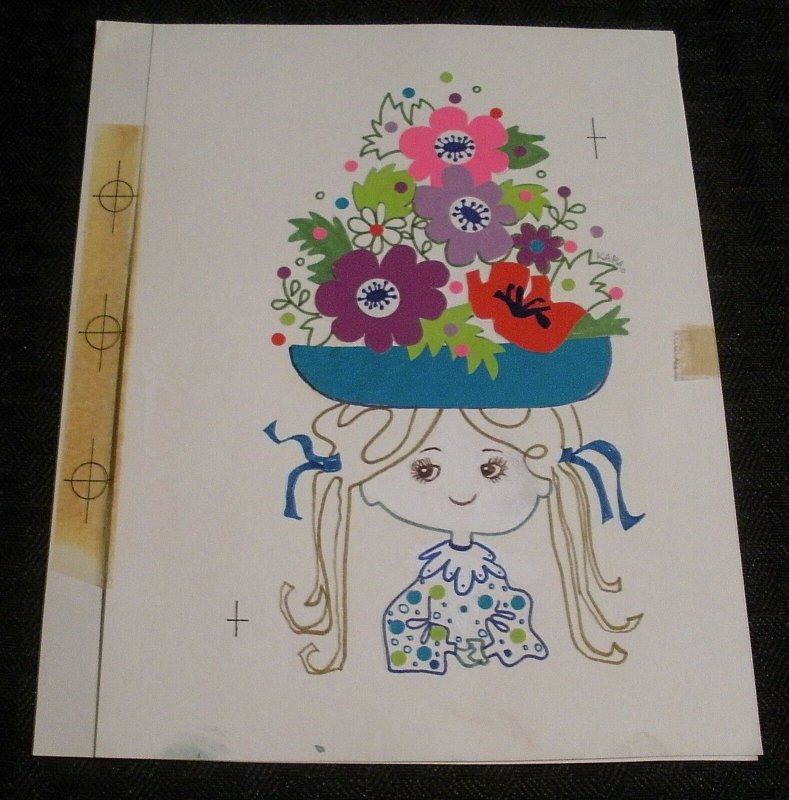 HAPPY BIRTHDAY Cute Cartoon Girl w/ Flower Hat 5.5x7 Greeting Card Art #B9807