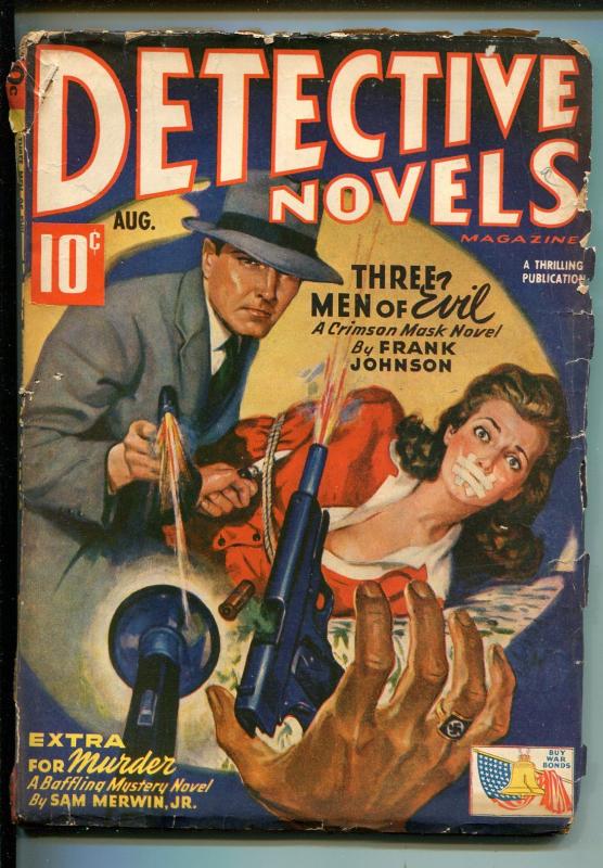 Detective Novels 8/1943-Thrilling-bound and gagged woman-Crimson Mask-VG MINUS