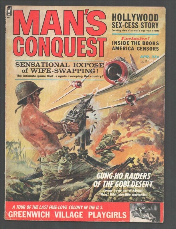 Man's Conquest 4/1963-Basil Gogos machine gun WWII attack cover-cheesecake-Gr...